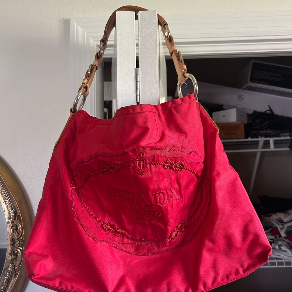 Prada Red Nylon Tessuto Shoulder Bag with Tan Leather Handle